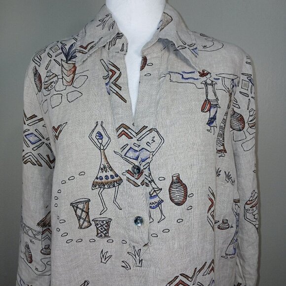 Hot Cotton Tops - HOT COTTON BY MARC WARE LINEN TOP, SIZE PETITE LARGE, BEIGE, CARIBBEAN ARTSY